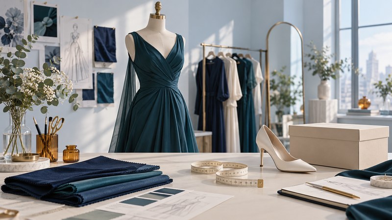 Teal dress on a dress form beside fabric swatches, a measuring tape, shoe and shipping box.