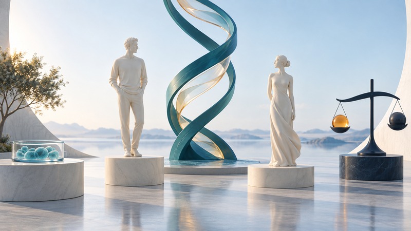 Two ivory human silhouettes on separate plinths beside a teal DNA sculpture, glass dish and abstract balance.