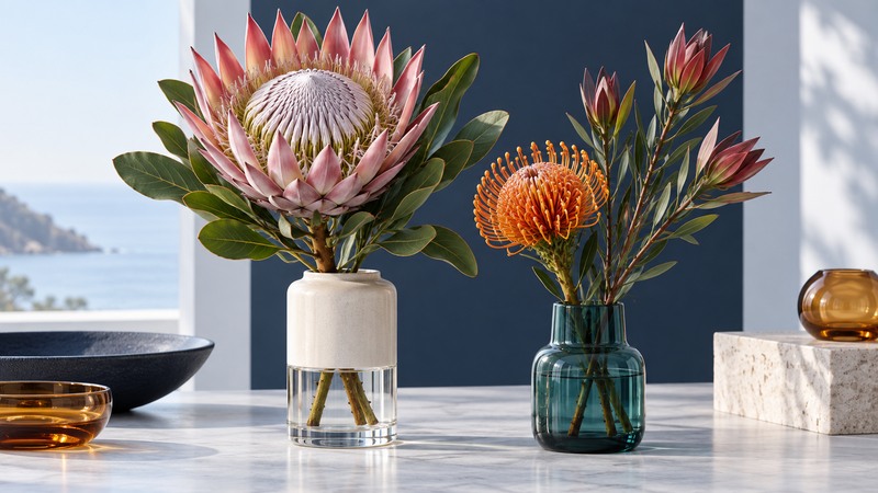 A pink king protea, orange pincushion flower and conebush spray form a botanical still life.
