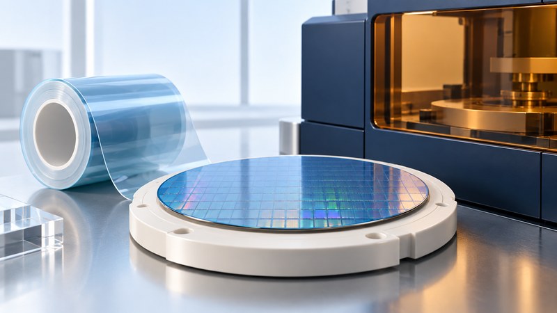 Supported silicon wafer with a protective layer beside a film roll and enclosed process module.