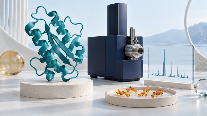 A teal protein sculpture beside a mass spectrometer-inspired instrument, glass spectrum and amber peptide fragments.