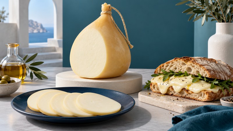 A pear-shaped provolone, pale slices and a warm cheese sandwich arranged on navy and ivory dishes.
