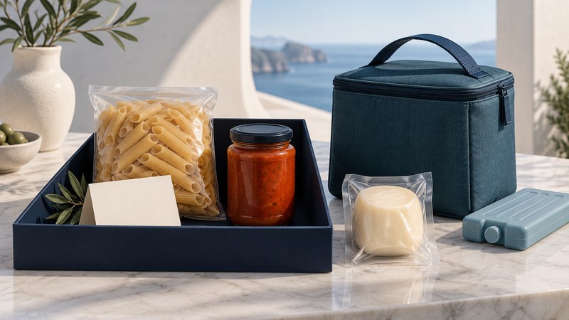 A sealed cheese portion, pasta and sauce beside an insulated bag, ice pack and blank gift note.