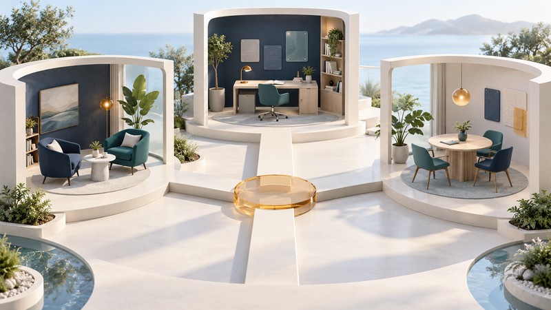 Three open architectural alcoves contain conversation chairs, a research desk and a collaboration table, linked by paths.