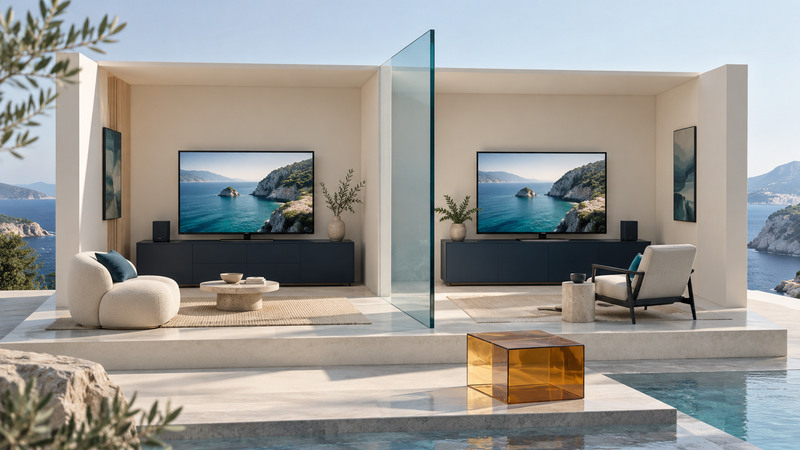 Two miniature room alcoves contain televisions showing the same coast, separated by a clear glass wall.