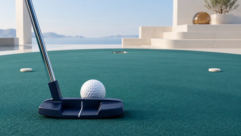 A navy putter faces a white ball and a distant cup on a teal practice green.