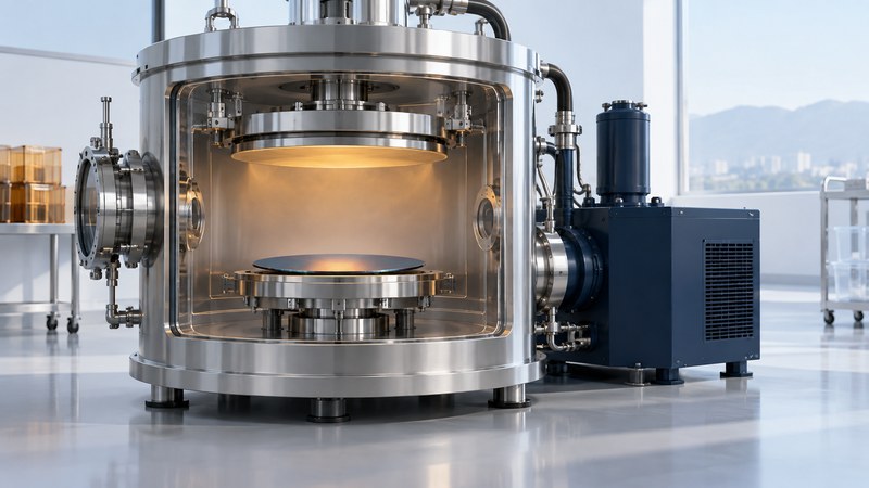 Cutaway vacuum deposition chamber with a circular target above a wafer on a separate stage.