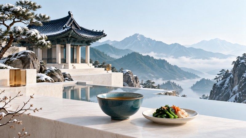 An imagined Korean mountain pavilion with a navy tiled roof, layered teal mountains, a tea bowl and vegetables.