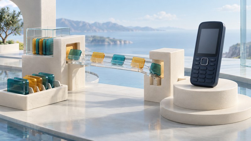 An unbranded feature phone beside blank application tiles, an organizer tray, and a glass bridge between ivory distribution stations.
