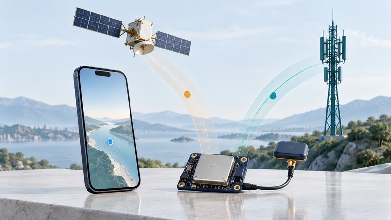 A phone and receiver circuit board sit beneath a conceptual satellite and cellular tower with separate signal arcs.