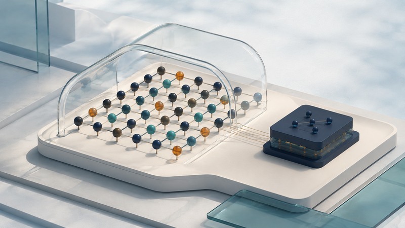 A conceptual lattice of navy, teal, and amber spheres sits under glass beside a separate control block.