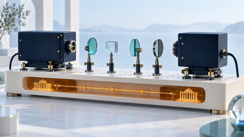 Two navy optical instruments face teal glass plates on an ivory bench, with a separate amber communication path.
