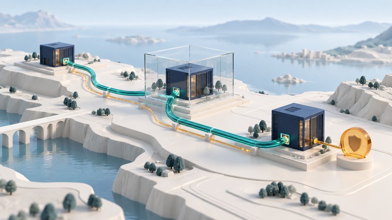 Three navy network stations are connected across ivory terrain by teal and amber paths, with a glass trust boundary around the middle station.