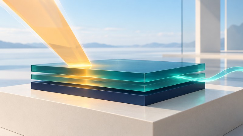 An amber light cue reaches two teal semiconductor layers above a navy layer, with a teal signal path at the side.