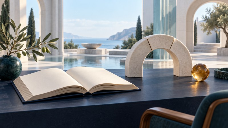 An open book beside a three-part ivory arch, an olive branch and an amber glass sphere on a navy desk.