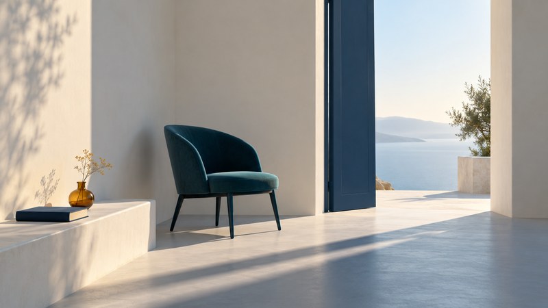 A single teal chair in a spare ivory room, with a closed book, amber vase and light through an open doorway.