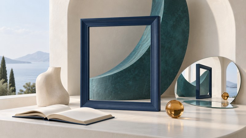 Conceptual illustration of a sculptural form, a frame and their reflection.
