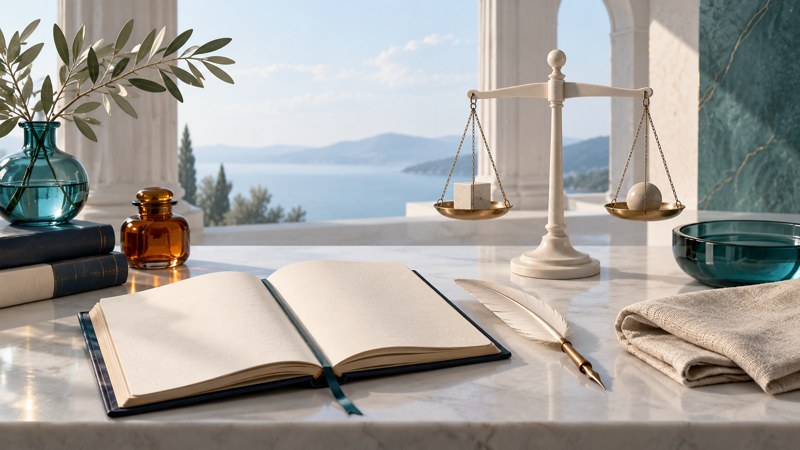 An open journal and quill beside a simple balance and folded undyed cloth.