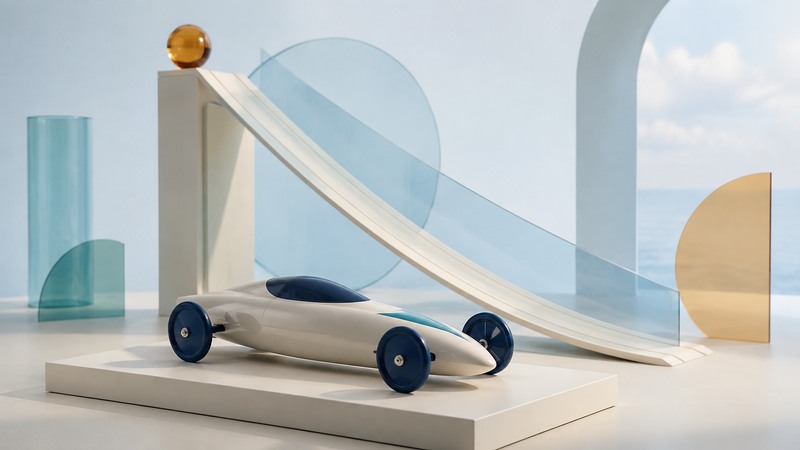 A streamlined gravity-car model displayed beside a separate ramp and amber sphere.