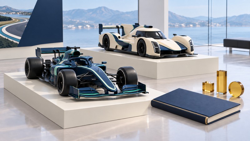 An open-wheel race-car model and enclosed endurance prototype beside a results ledger and three amber milestones.