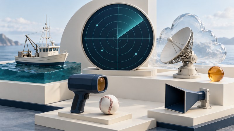 A fishing boat, circular radar display, sports speed sensor, weather dish and laboratory horn antenna on ivory platforms.