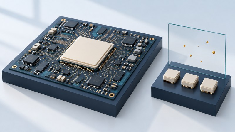 An ivory FPGA package on a navy circuit board sits beside three smaller logic blocks and a glass particle display.