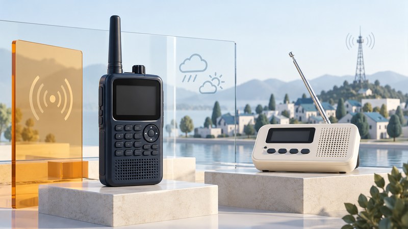 A handheld scanner and weather alert receiver displayed beside an abstract town and radio tower.
