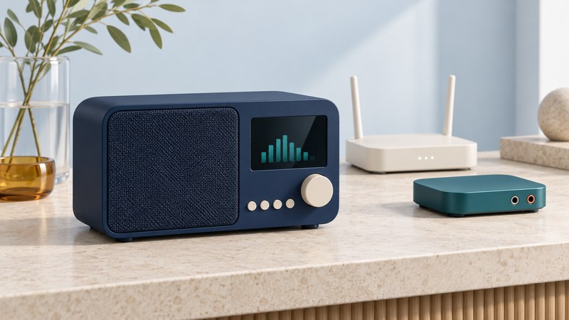 A navy tabletop internet radio with a dial and preset buttons beside an ivory Wi-Fi router and teal stereo streaming adapter.