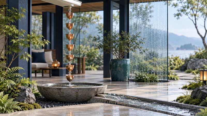 A cup rain chain feeds a basin with an outlet channel beside an open pavilion.