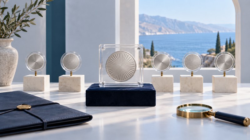 Abstract silver discs in protective holders beside an archival folder and magnifier.