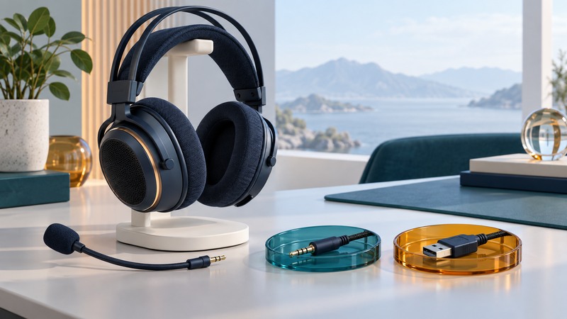 A conceptual gaming headset with detached boom microphone and separate analog and USB cable tips.