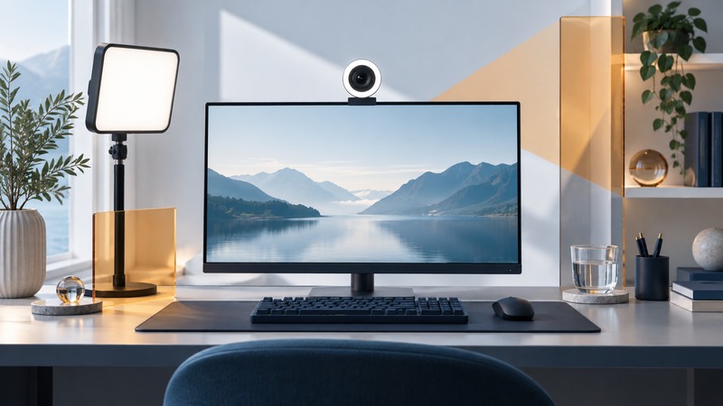A conceptual circular ring-light webcam on a desktop monitor beside a soft fill light.