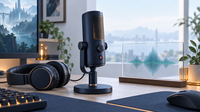 A conceptual upright USB microphone with headphones and a glass panel displaying a waveform.