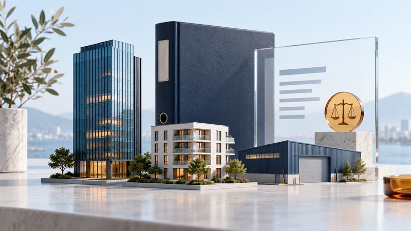 Office, apartment and warehouse models stand before a navy binder, glass document panel and amber balance token.