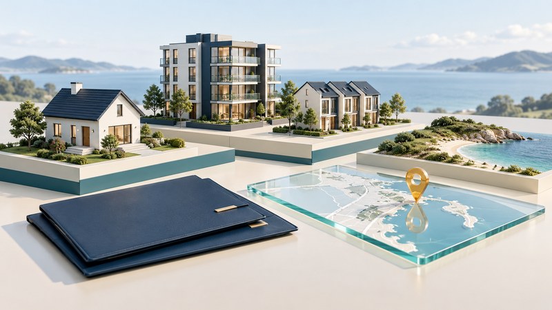 Architectural models of a house, condominium, townhouses and a coastal parcel surround a glass map and document folios.