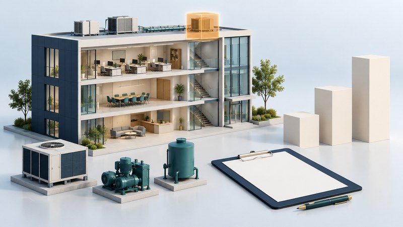 A cutaway office model stands beside mechanical equipment models, planning blocks and an inspection clipboard.