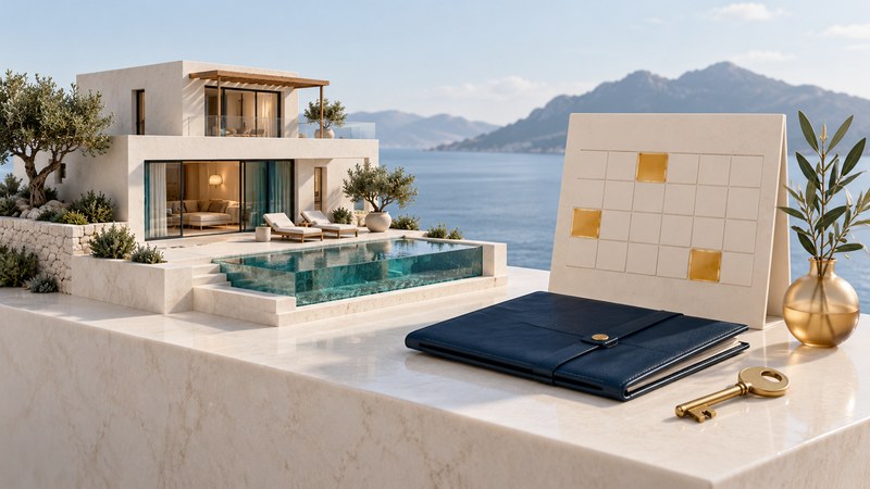 A miniature vacation residence stands beside a blank calendar, navy folio and brass key.