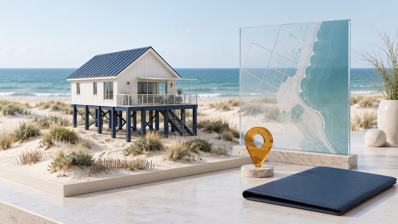 A conceptual elevated coastal house sits near dunes beside a glass map, amber location marker and navy document folio.