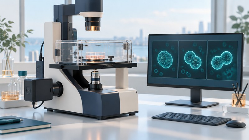 An inverted microscope with an environmental chamber and upward-facing objective sits beside three conceptual time-sequence images.