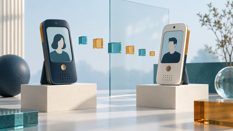 Two conceptual video handsets with portrait silhouettes and colored packet blocks between them.