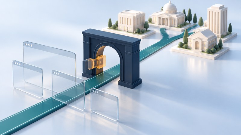 Glass browser panels follow a teal route through one navy gateway toward several ivory destinations.
