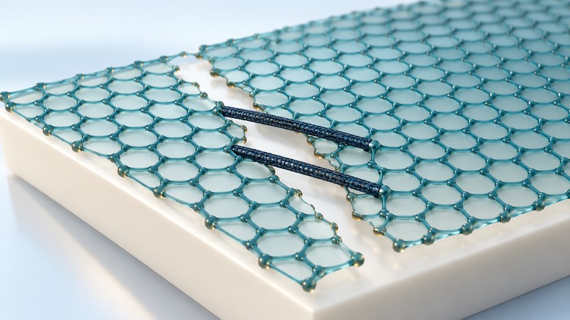 Two dark tubular reinforcements bridge a crack in a thin teal hexagonal sheet model.