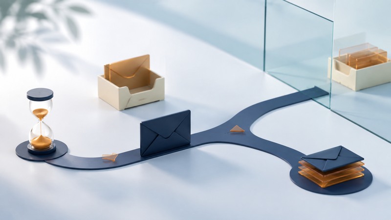 A navy envelope sits beside an amber hourglass and two inboxes separated by glass.