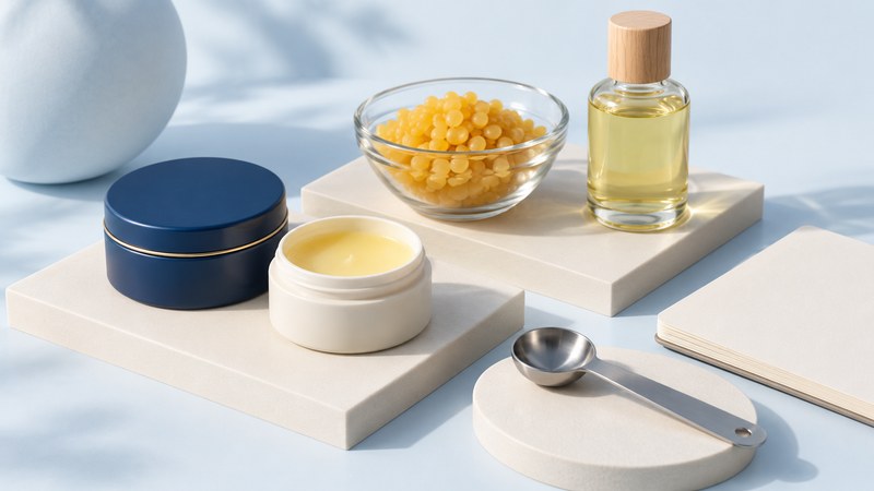An open balm pot, closed navy tin, beeswax pellets, oil bottle and clean spoon.