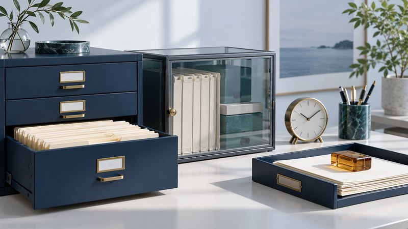 A navy archival cabinet and glass-fronted records box stand beside a clock and an amber hold marker on a document tray.