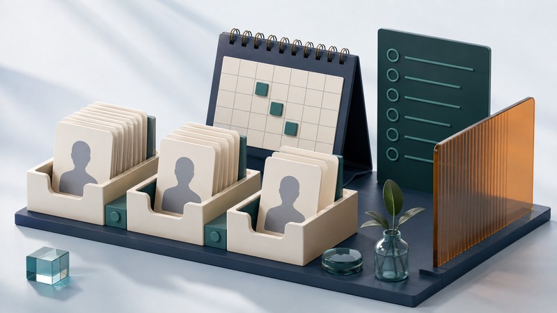 Candidate record cards sit in three ivory trays beside a calendar, teal checklist and amber privacy screen.