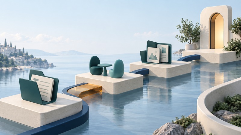 A sequence of platforms connects role information, a conversation, sample work, and a welcoming doorway.