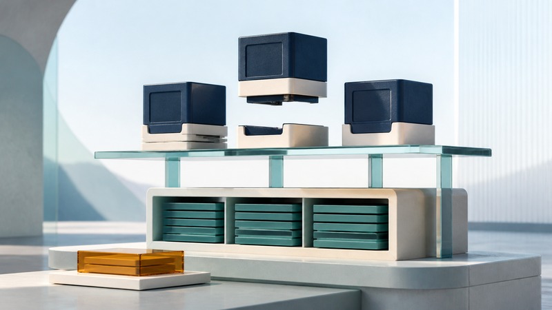 Removable navy application cubes above a separate ivory storage foundation filled with teal slabs, with an amber snapshot slab alongside.