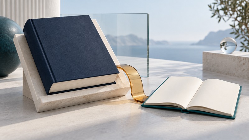 A blank navy reference book stands beside an open teal notebook, joined visually by a translucent amber bookmark.