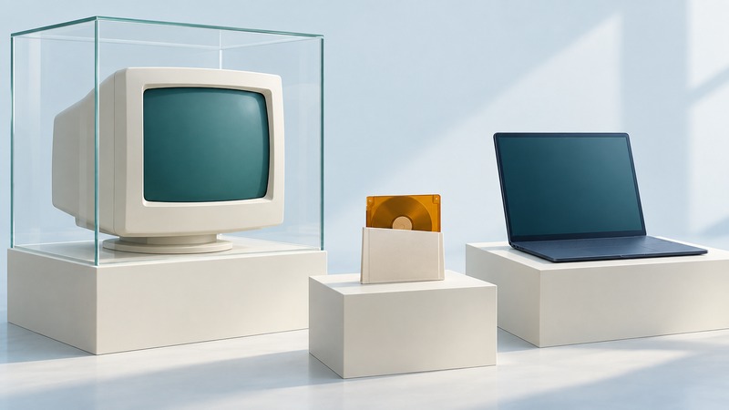 An unmarked ivory CRT display in a glass enclosure stands beside a modern navy laptop and an amber archival disk.